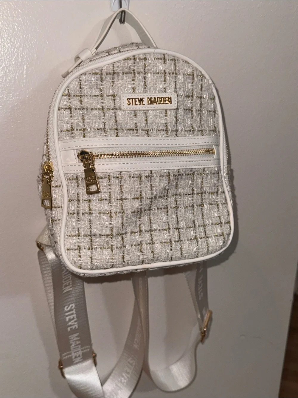 Steve Madden Mini Tweed Backpack White Gold Metallic Bag